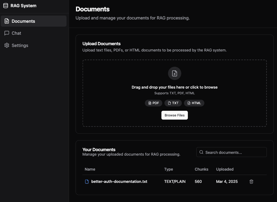 AI Document Chat main interface showing document upload and list